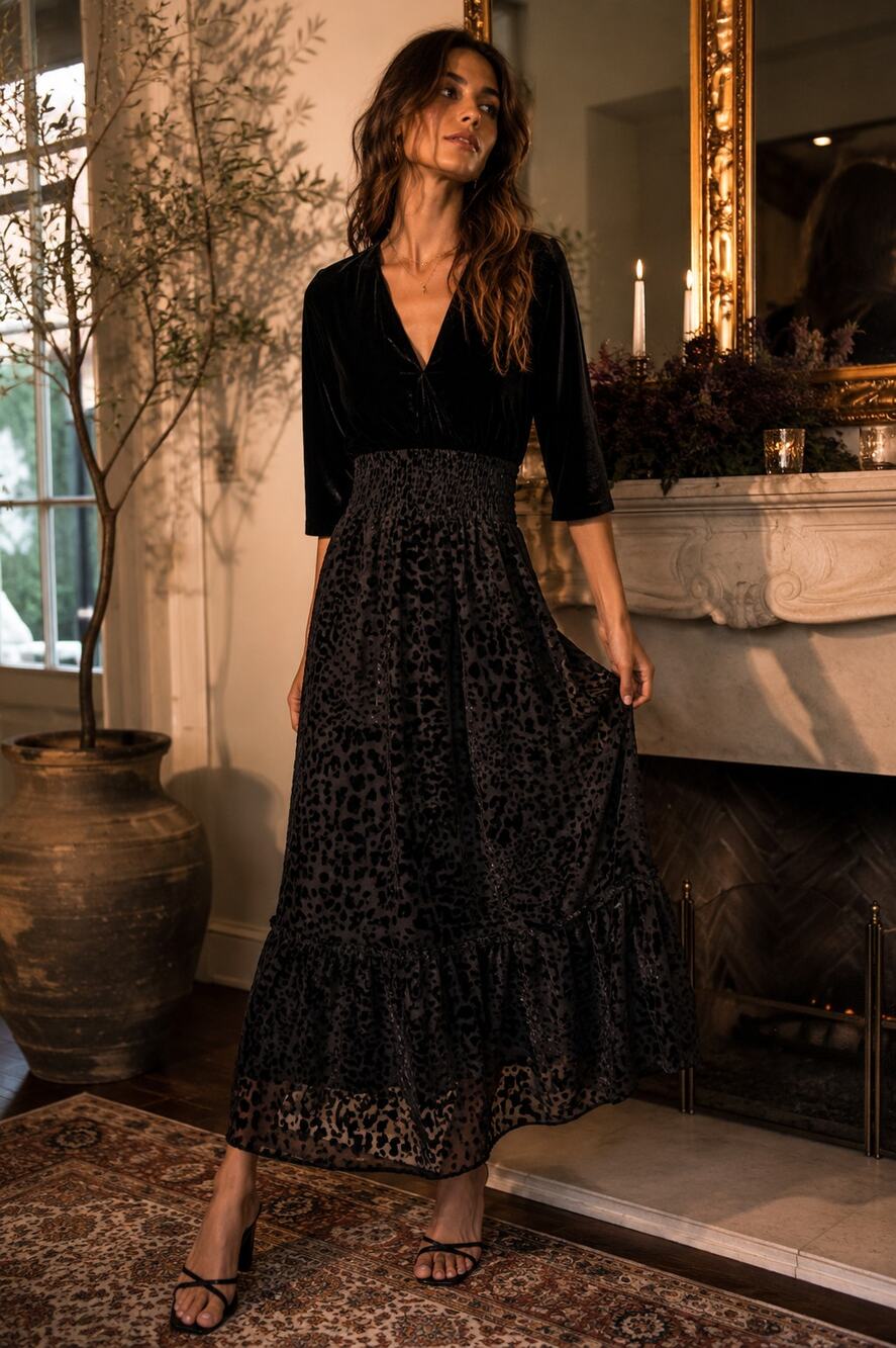 Dear John NWT Black Velvet Leopard Burnout Maxi Dress Size S Tiered Boho